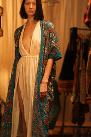 NIKITA TURQUOISE EMBROIDERED SILK KIMONO - sustainably made MOMO NEW YORK sustainable clothing, kimono slow fashion