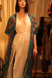 NIKITA TURQUOISE EMBROIDERED SILK KIMONO - sustainably made MOMO NEW YORK sustainable clothing, kimono slow fashion