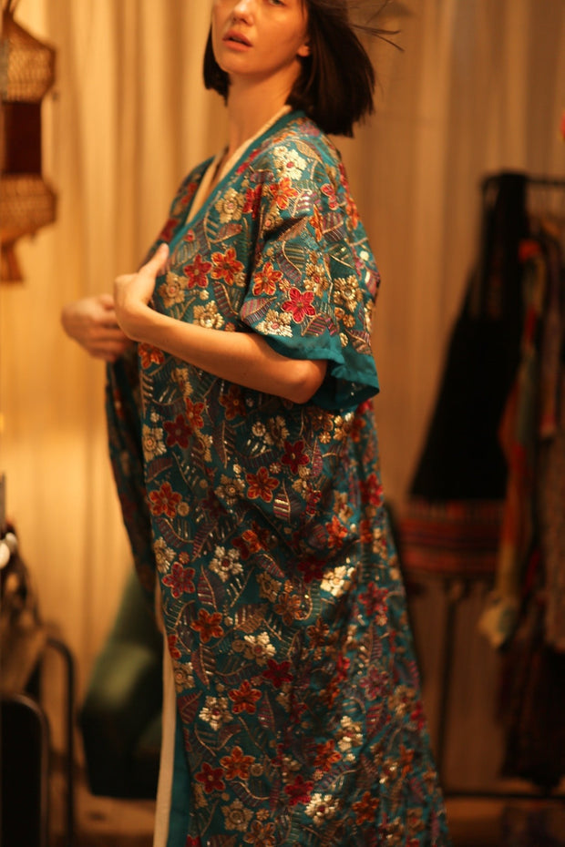 NIKITA TURQUOISE EMBROIDERED SILK KIMONO - sustainably made MOMO NEW YORK sustainable clothing, kimono slow fashion