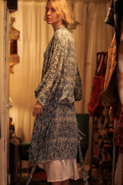 OLIVIA SILK KIMONO GEOMETRIC BLUE - sustainably made MOMO NEW YORK sustainable clothing, new slow fashion