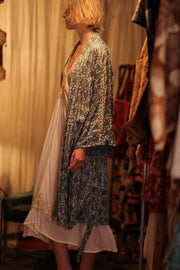 OLIVIA SILK KIMONO GEOMETRIC BLUE - sustainably made MOMO NEW YORK sustainable clothing, new slow fashion