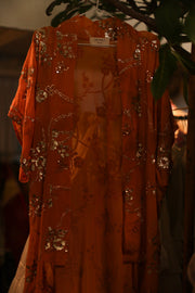 ORANGE SILK SEQUIN EMBROIDERED KIMONO ODO - sustainably made MOMO NEW YORK sustainable clothing, slow fashion