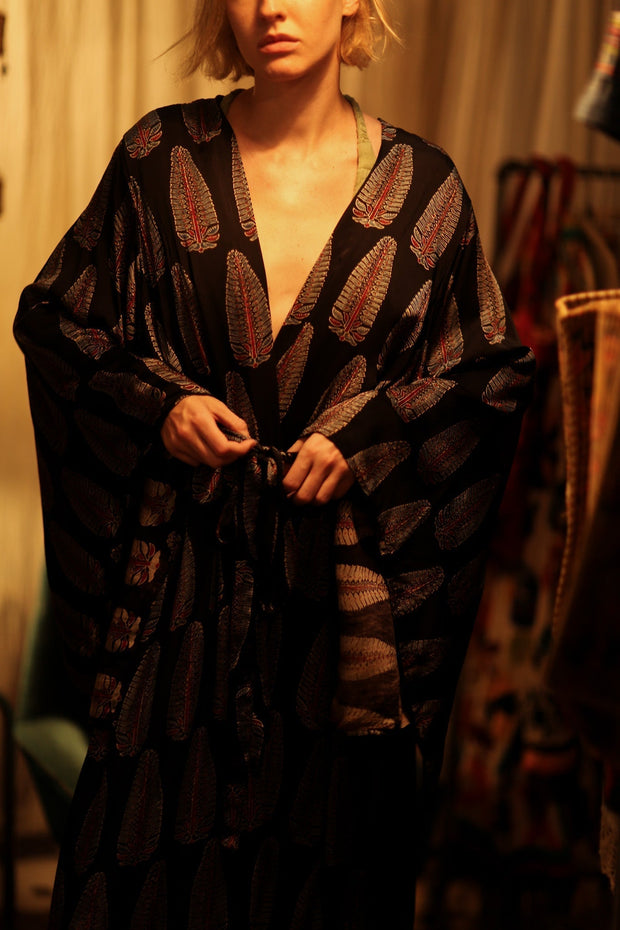 PINA SILK KIMONO BLACK FEATHER - sustainably made MOMO NEW YORK sustainable clothing, handmade slow fashion
