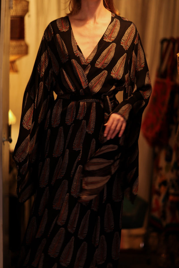 PINA SILK KIMONO BLACK FEATHER - sustainably made MOMO NEW YORK sustainable clothing, handmade slow fashion