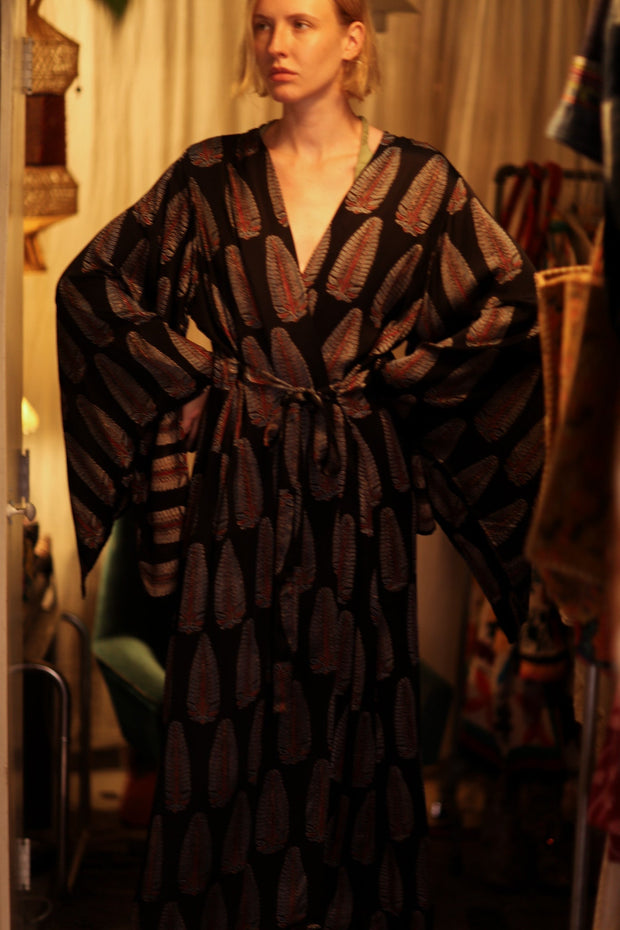 PINA SILK KIMONO BLACK FEATHER - sustainably made MOMO NEW YORK sustainable clothing, handmade slow fashion