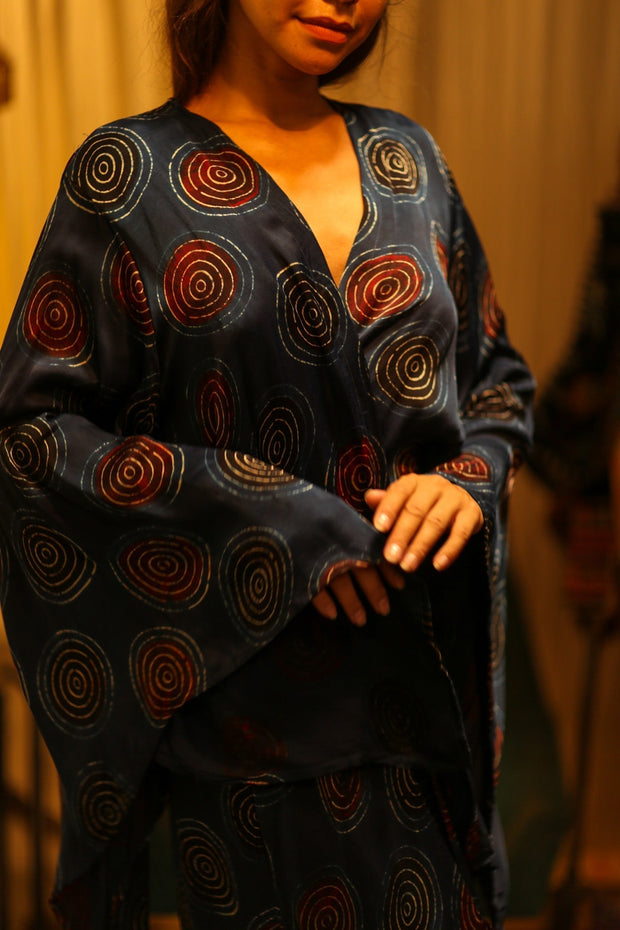 PINA SILK KIMONO BLUE CIRLE - sustainably made MOMO NEW YORK sustainable clothing, dress slow fashion