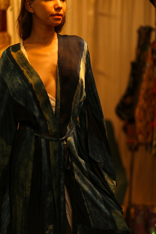 PINA SILK KIMONO BLUE STRIPE - sustainably made MOMO NEW YORK sustainable clothing, dress slow fashion