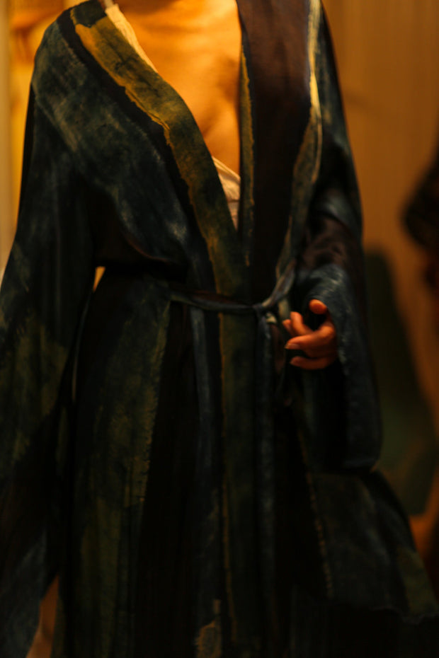 PINA SILK KIMONO BLUE STRIPE - sustainably made MOMO NEW YORK sustainable clothing, dress slow fashion