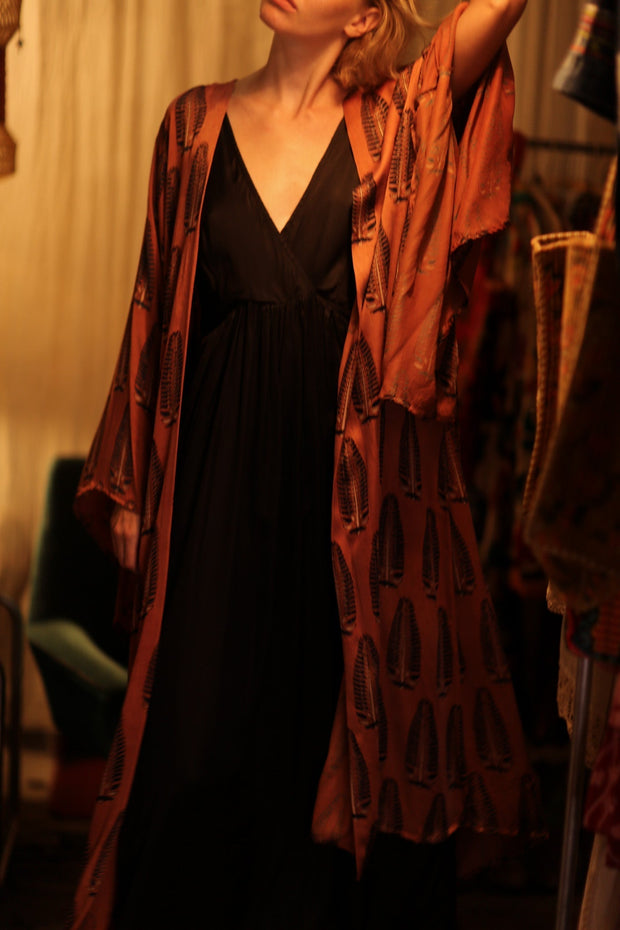 PINA SILK KIMONO BROWN FEATHER - sustainably made MOMO NEW YORK sustainable clothing, handmade slow fashion