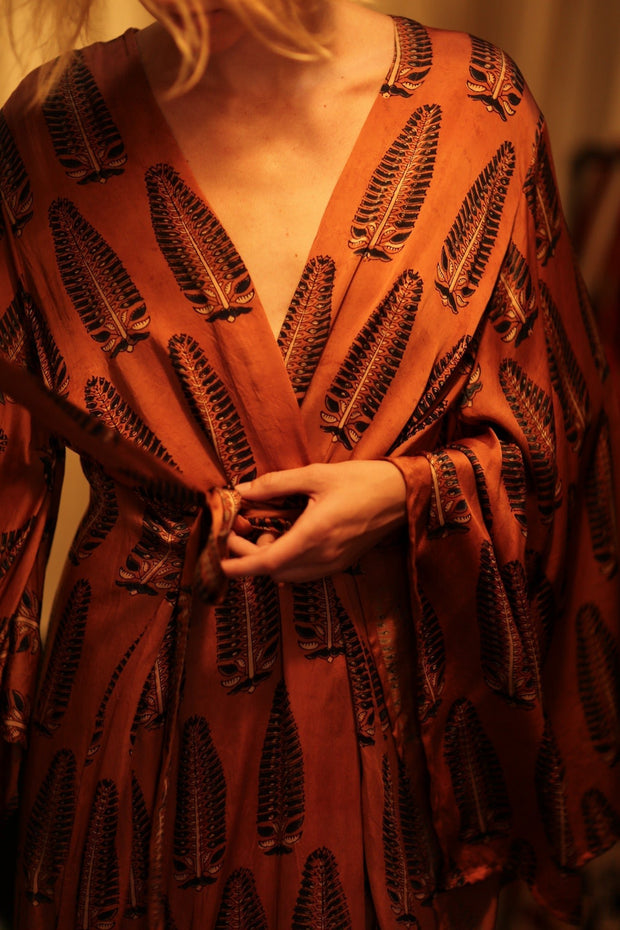 PINA SILK KIMONO BROWN FEATHER - sustainably made MOMO NEW YORK sustainable clothing, handmade slow fashion