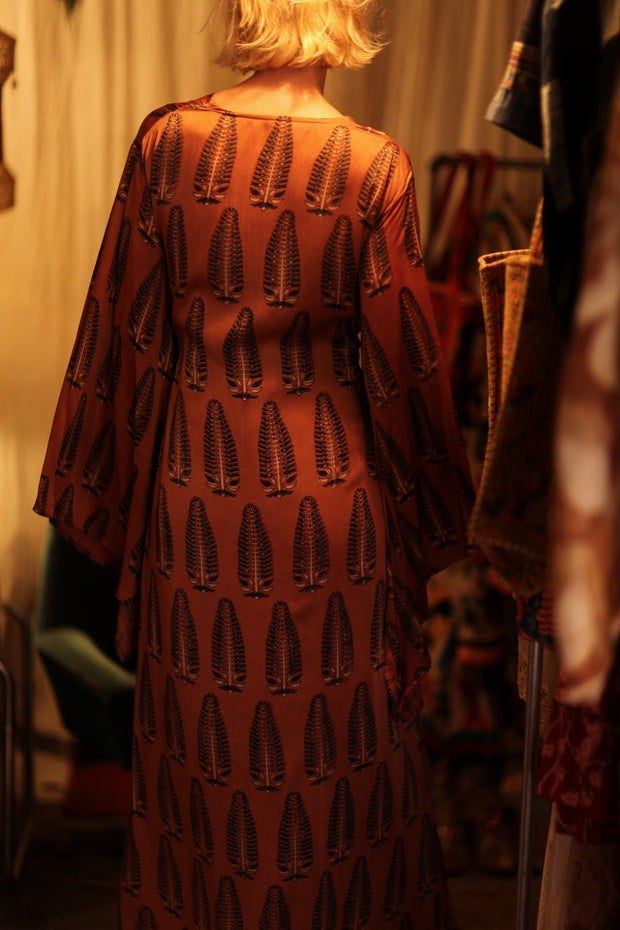 PINA SILK KIMONO BROWN FEATHER - sustainably made MOMO NEW YORK sustainable clothing, handmade slow fashion