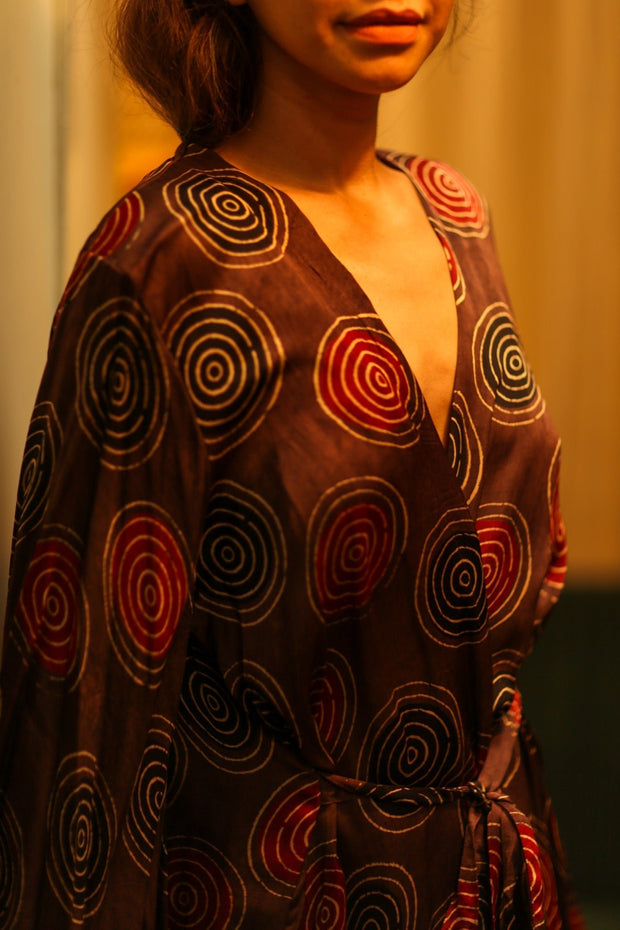PINA SILK KIMONO BURGUNDY CIRCLE - sustainably made MOMO NEW YORK sustainable clothing, dress slow fashion