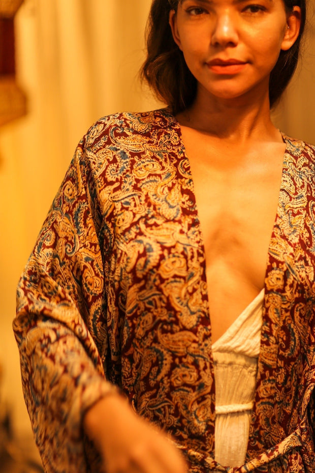 PINA SILK KIMONO CARNIVORE BURGUNDY - sustainably made MOMO NEW YORK sustainable clothing, dress slow fashion