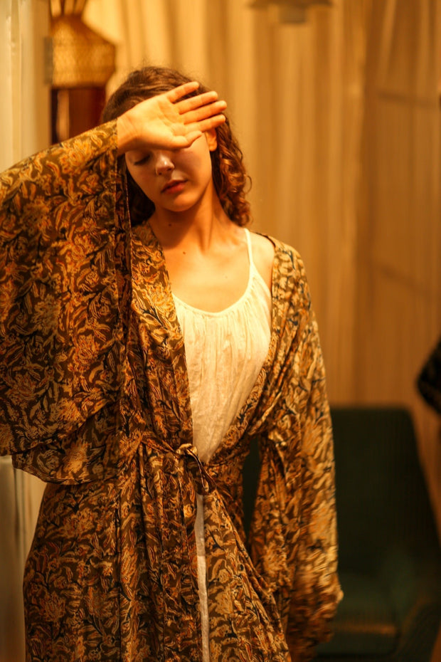 PINA SILK KIMONO CARNIVORE GREEN - sustainably made MOMO NEW YORK sustainable clothing, dress slow fashion