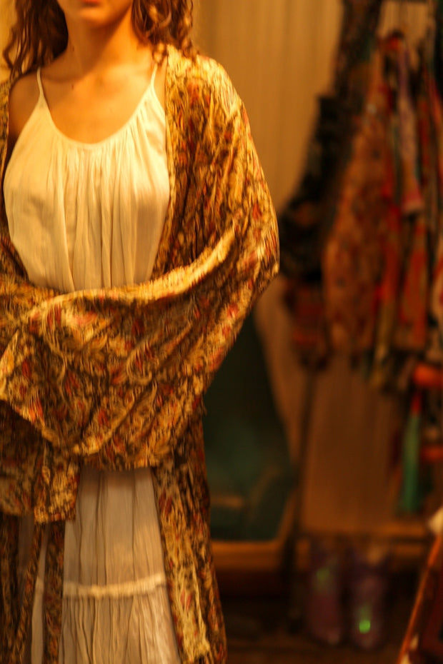 PINA SILK KIMONO GARDEN OLIVE GREEN - sustainably made MOMO NEW YORK sustainable clothing, dress slow fashion