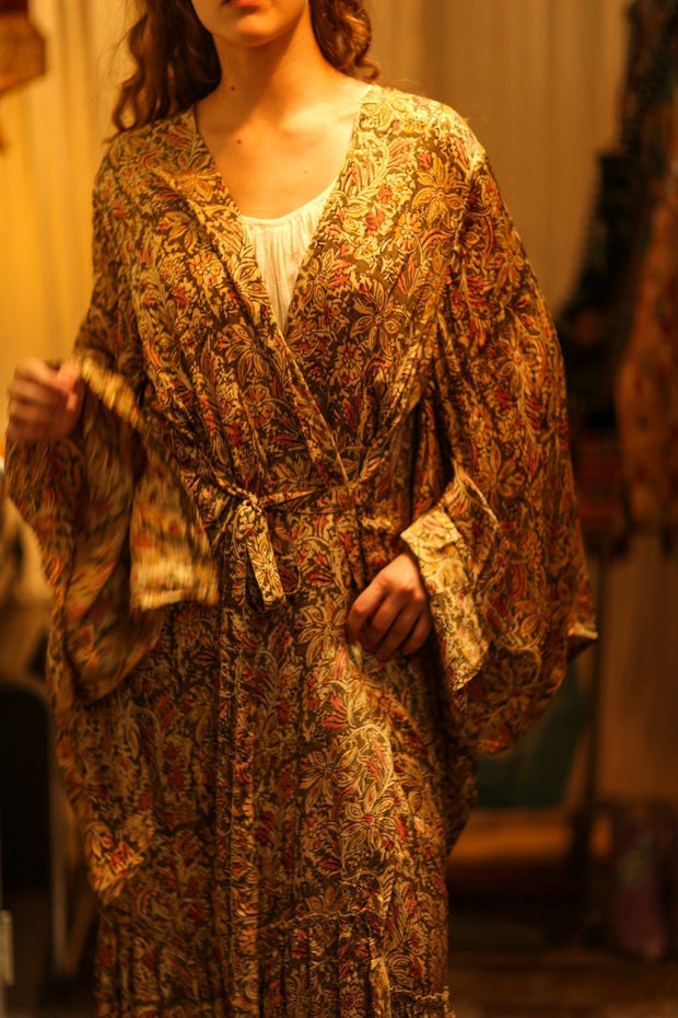 PINA SILK KIMONO GARDEN OLIVE GREEN - sustainably made MOMO NEW YORK sustainable clothing, dress slow fashion