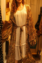 PINA SILK KIMONO GARDEN OLIVE GREEN - sustainably made MOMO NEW YORK sustainable clothing, dress slow fashion