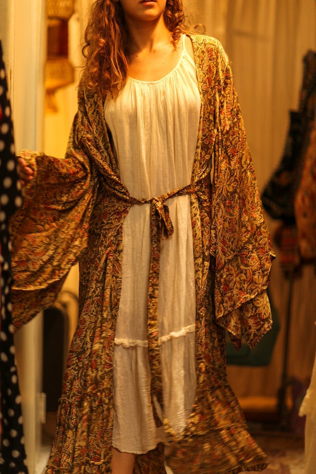 PINA SILK KIMONO GARDEN OLIVE GREEN - sustainably made MOMO NEW YORK sustainable clothing, dress slow fashion