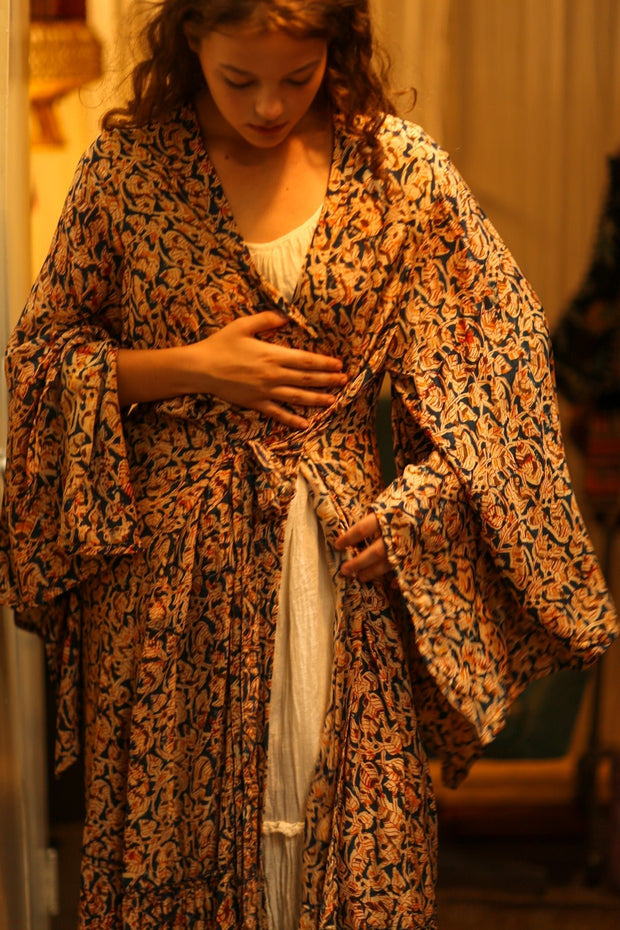 PINA SILK KIMONO LEAFY BLUE - sustainably made MOMO NEW YORK sustainable clothing, dress slow fashion