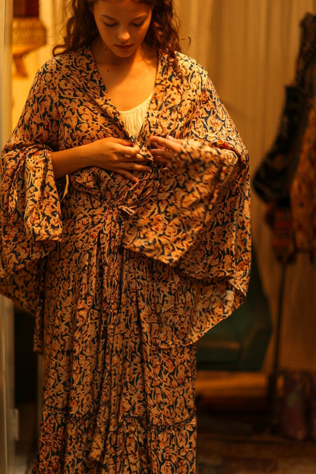 PINA SILK KIMONO LEAFY BLUE - sustainably made MOMO NEW YORK sustainable clothing, dress slow fashion