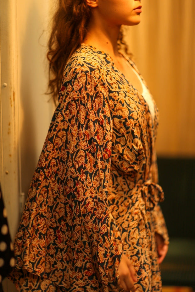 PINA SILK KIMONO LEAFY BLUE - sustainably made MOMO NEW YORK sustainable clothing, dress slow fashion