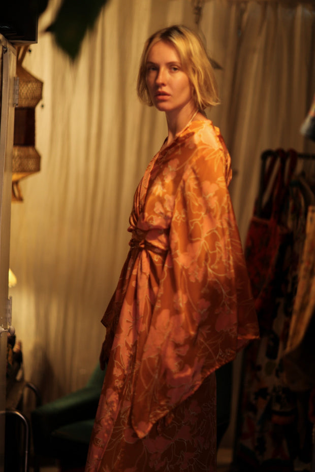 PINA SILK KIMONO ORANGE FLOWER - sustainably made MOMO NEW YORK sustainable clothing, handmade slow fashion