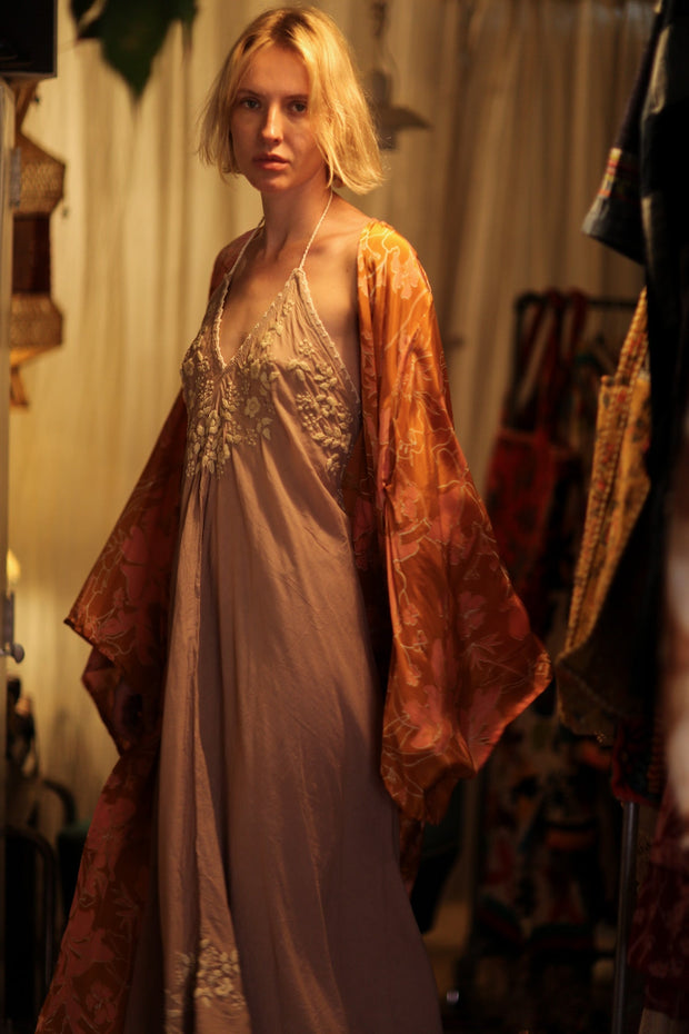PINA SILK KIMONO ORANGE FLOWER - sustainably made MOMO NEW YORK sustainable clothing, handmade slow fashion