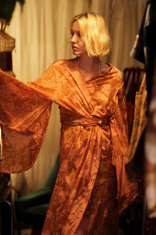 PINA SILK KIMONO ORANGE FLOWER - sustainably made MOMO NEW YORK sustainable clothing, handmade slow fashion