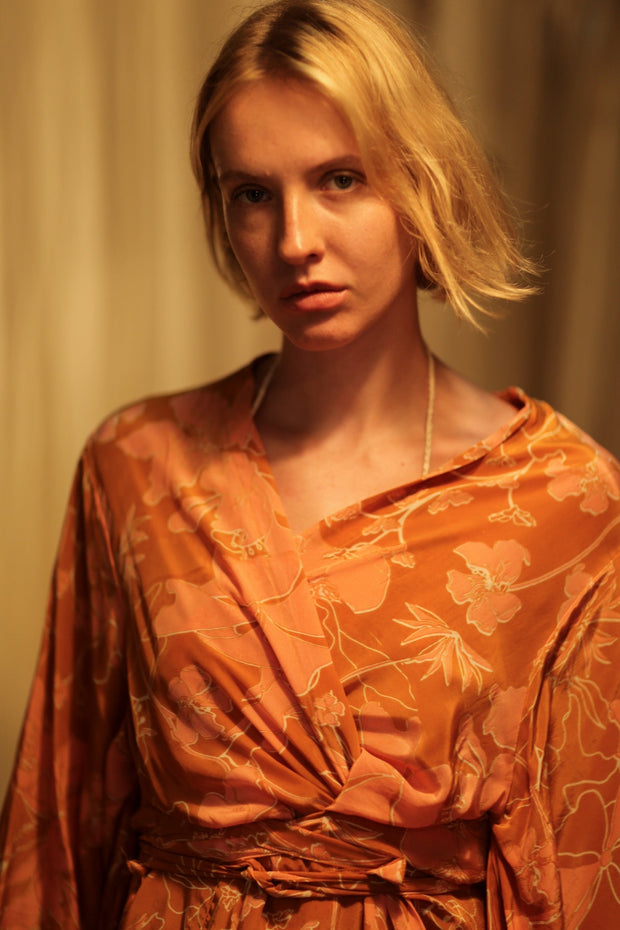 PINA SILK KIMONO ORANGE FLOWER - sustainably made MOMO NEW YORK sustainable clothing, handmade slow fashion