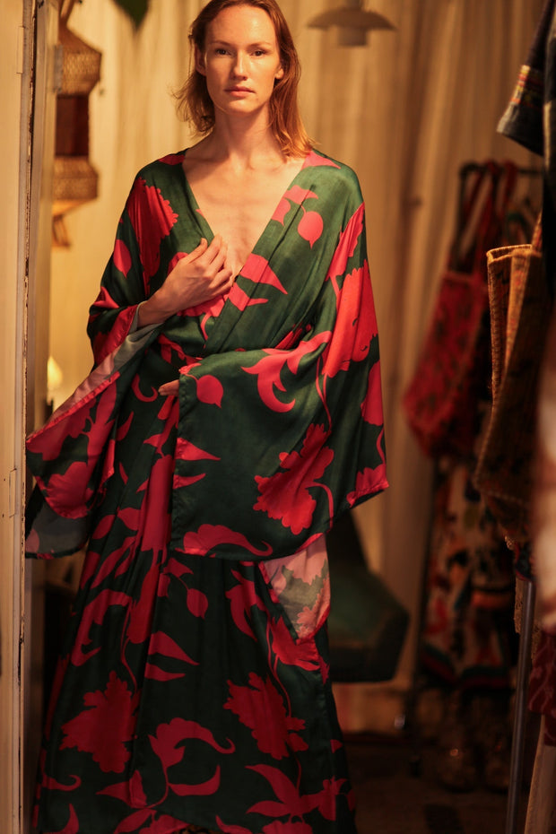 PINA SILK KIMONO PINK VINES - sustainably made MOMO NEW YORK sustainable clothing, handmade slow fashion