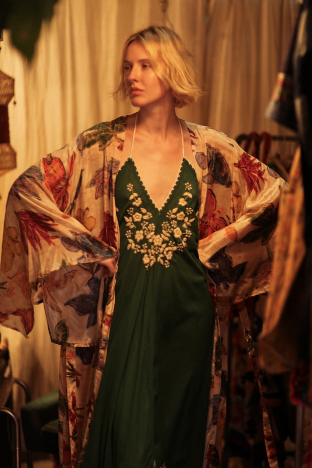 PINA SILK KIMONO PRESSED FLOWERS - sustainably made MOMO NEW YORK sustainable clothing, handmade slow fashion