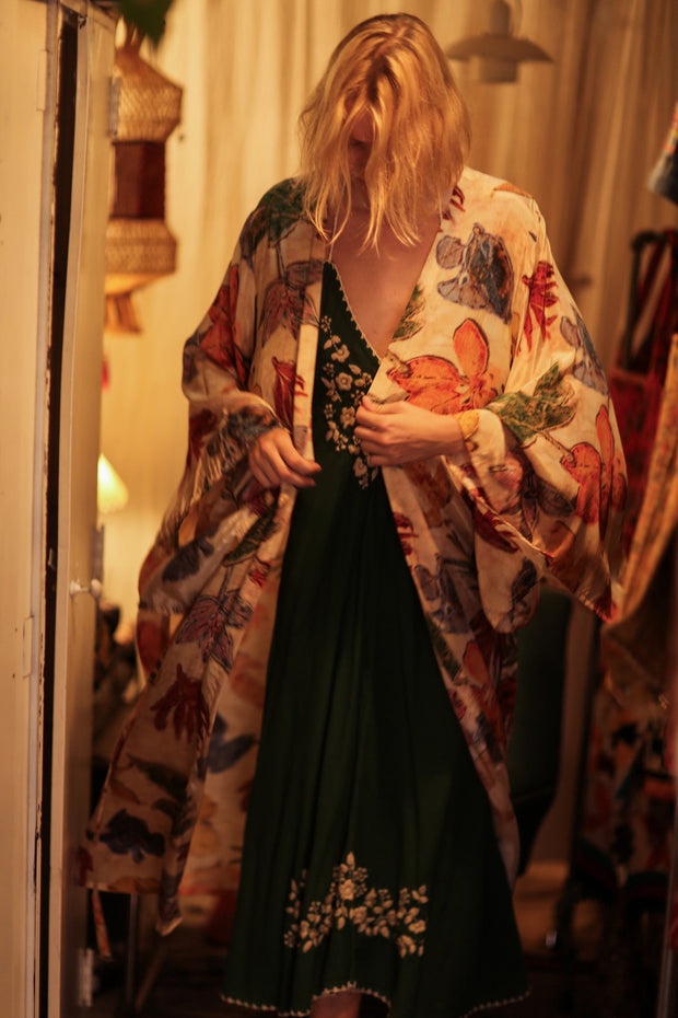 PINA SILK KIMONO PRESSED FLOWERS - sustainably made MOMO NEW YORK sustainable clothing, handmade slow fashion