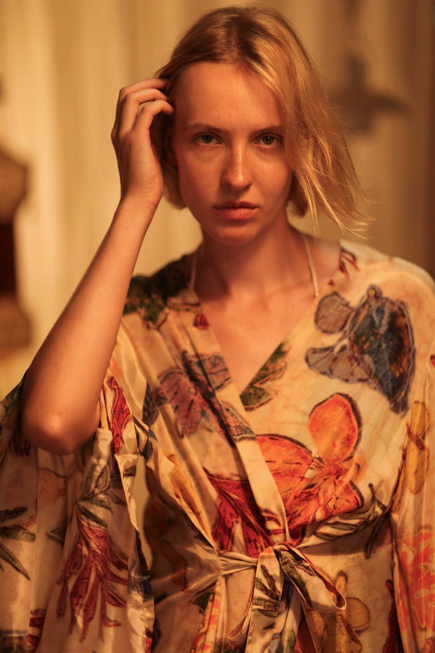 PINA SILK KIMONO PRESSED FLOWERS - sustainably made MOMO NEW YORK sustainable clothing, handmade slow fashion