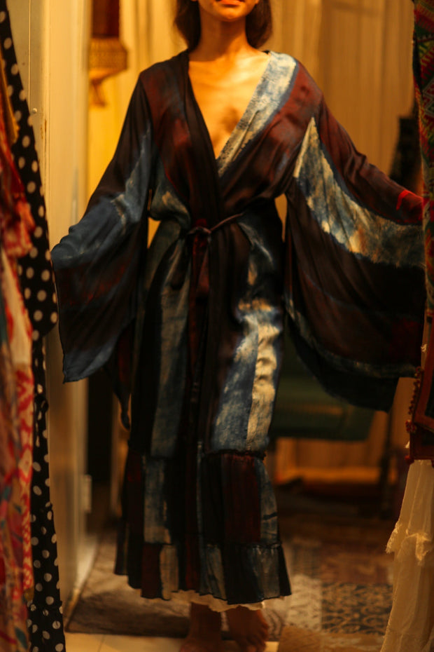 PINA SILK KIMONO RED AND BLUE STRIPE - sustainably made MOMO NEW YORK sustainable clothing, dress slow fashion