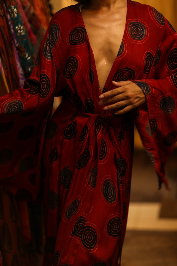 PINA SILK KIMONO RED CIRCLE - sustainably made MOMO NEW YORK sustainable clothing, dress slow fashion