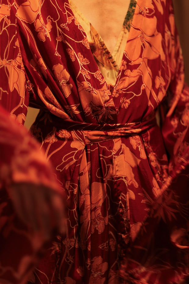 PINA SILK KIMONO RED FLOWER - sustainably made MOMO NEW YORK sustainable clothing, handmade slow fashion