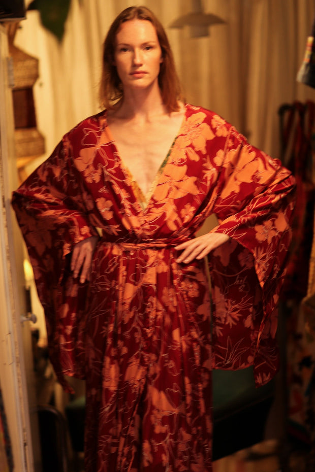 PINA SILK KIMONO RED FLOWER - sustainably made MOMO NEW YORK sustainable clothing, handmade slow fashion