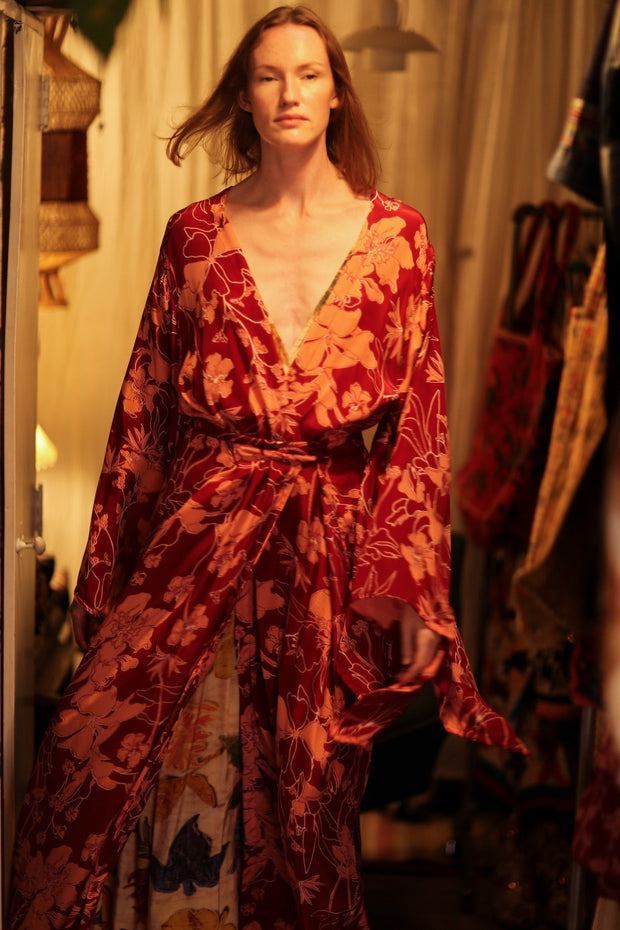 PINA SILK KIMONO RED FLOWER - sustainably made MOMO NEW YORK sustainable clothing, handmade slow fashion
