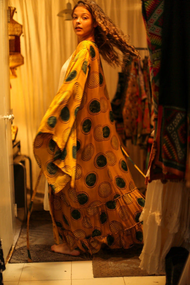 PINA SILK KIMONO YELLOW CIRCLE - sustainably made MOMO NEW YORK sustainable clothing, dress slow fashion