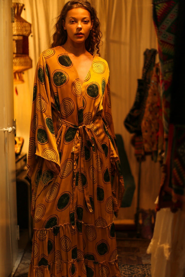 PINA SILK KIMONO YELLOW CIRCLE - sustainably made MOMO NEW YORK sustainable clothing, dress slow fashion