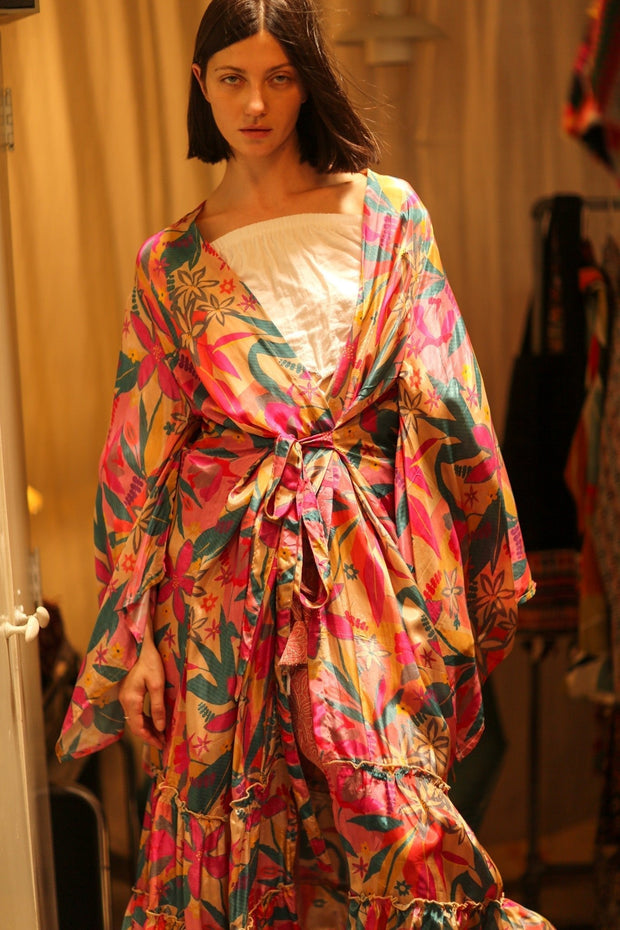 PINK JUNGLE SILK KIMONO PINA - sustainably made MOMO NEW YORK sustainable clothing, kimono slow fashion