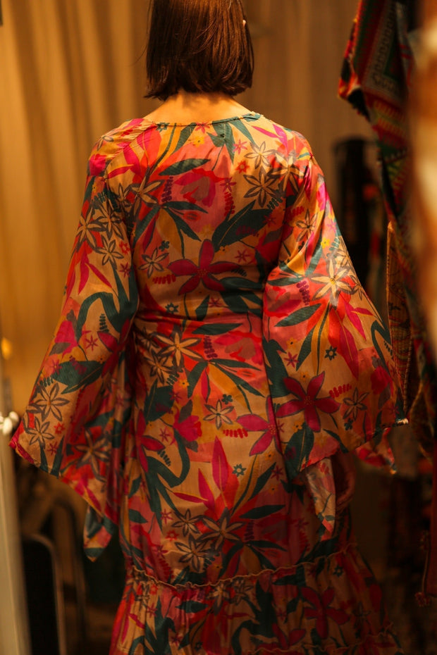 PINK JUNGLE SILK KIMONO PINA - sustainably made MOMO NEW YORK sustainable clothing, kimono slow fashion