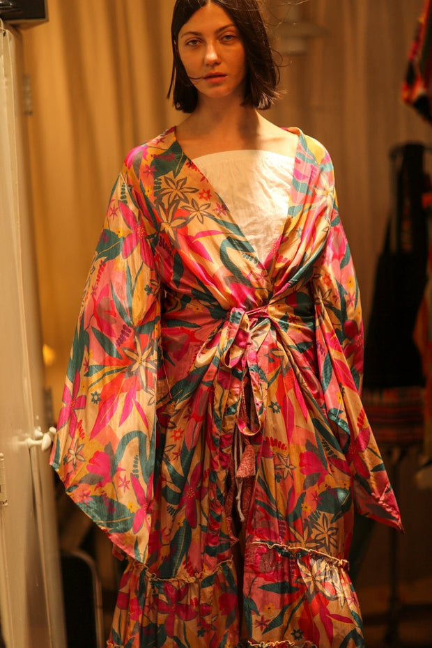 PINK JUNGLE SILK KIMONO PINA - sustainably made MOMO NEW YORK sustainable clothing, kimono slow fashion