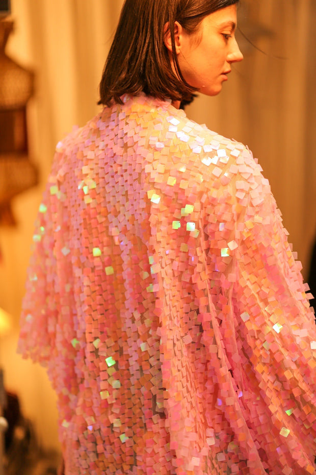 PINK SHORT SEQUIN GLITTER KIMONO JANINE - sustainably made MOMO NEW YORK sustainable clothing, kimono slow fashion