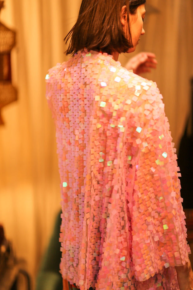 PINK SHORT SEQUIN GLITTER KIMONO JANINE - sustainably made MOMO NEW YORK sustainable clothing, kimono slow fashion
