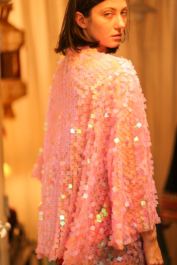 PINK SHORT SEQUIN GLITTER KIMONO JANINE - sustainably made MOMO NEW YORK sustainable clothing, kimono slow fashion
