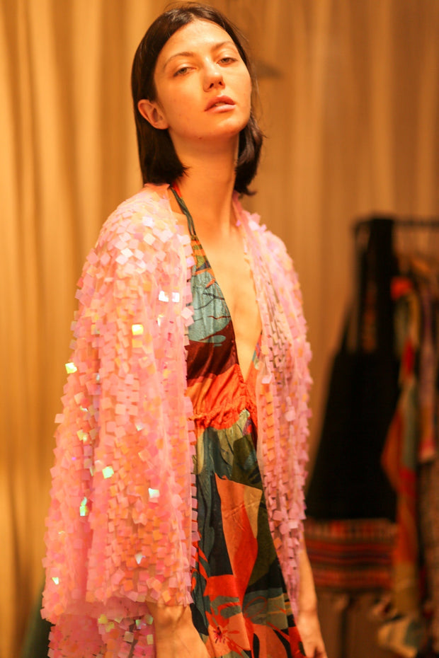 PINK SHORT SEQUIN GLITTER KIMONO JANINE - sustainably made MOMO NEW YORK sustainable clothing, kimono slow fashion
