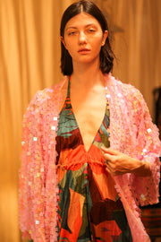 PINK SHORT SEQUIN GLITTER KIMONO JANINE - sustainably made MOMO NEW YORK sustainable clothing, kimono slow fashion