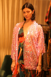 PINK SHORT SEQUIN GLITTER KIMONO JANINE - sustainably made MOMO NEW YORK sustainable clothing, kimono slow fashion