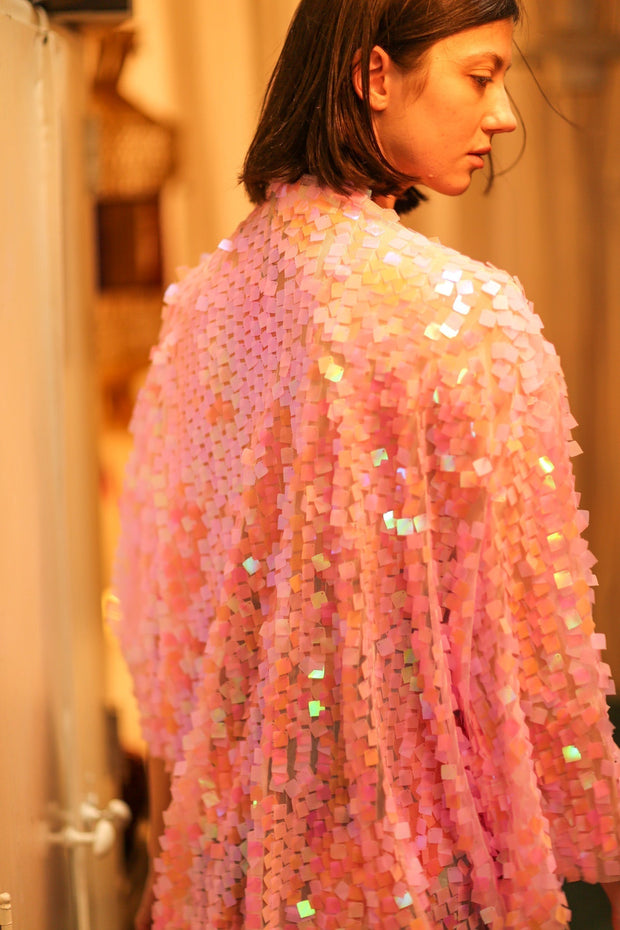 PINK SHORT SEQUIN GLITTER KIMONO JANINE - sustainably made MOMO NEW YORK sustainable clothing, kimono slow fashion